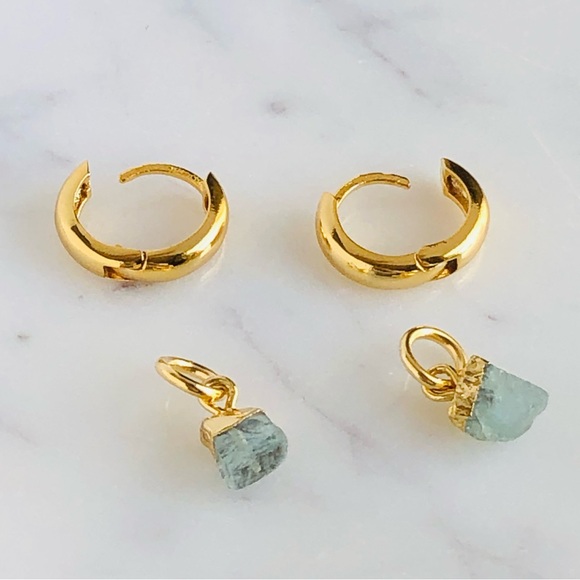 18K Gold Plated Aquamarine Stone Charm Huggie Earrings - Picture 3 of 6